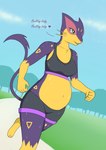 anthro anthrofied bra breasts clothed clothing female jogging_pants park pokemorph pregnant pregnant_anthro pregnant_female solo sports_bra tail text underwear commandg nintendo pokemon generation_5_pokemon liepard pokemon_(species) absurd_res hi_res