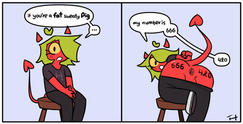 2_panel_comic anus backsack balls bottomwear bottomwear_down butt clothed clothed_male clothing dialogue eyelashes femboy furniture genitals green_hair hair horn looking_at_viewer male male_humanoid not_furry offering_sex pants pants_down partially_clothed phone_number presenting presenting_anus presenting_hindquarters red_body requesting sex_request spade_tail speech_bubble stool tail talking_to_viewer text aka_h wizards_with_guns aka_h_(character) demon humanoid 2025 comic english_text