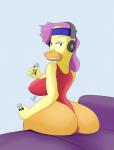 anthro butt clothing electronics female furniture grey_background headphones leotard simple_background smile sofa solo sweatband scrabble007 duckman bernice_florence_hufnagel_(duckman) anatid anseriform avian bird duck hi_res