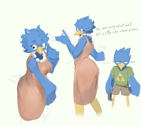 anthro beak blue_body blue_feathers blue_hair bottomwear breasts brown_bottomwear brown_clothing brown_shorts clothing controller dialogue dress duo ellipsis eyebrows eyelashes eyewear feathers female game_controller gem glasses hair jewelry male necklace open_beak open_mouth pearl_(gem) pearl_necklace pink_clothing pink_dress round_glasses shorts simple_background triforce white_background winged_arms wings yellow_legs ebbedrawin deltarune nintendo the_legend_of_zelda undertale_(series) berdly berdly's_mom avian bird 2025 colored_sketch guide_lines hi_res shaded sketch