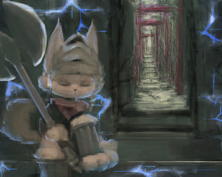 against_surface against_wall ambiguous_gender anthro armor arms_by_side axe barefoot brown_nose clothed clothing ears_up eyes_closed feet fluffy fluffy_tail glowing headgear helmet holding_object holding_weapon knee_pads leaning leaning_backward legwear light melee_weapon pose raised_tail runes sleeping solo stairs tail weapon weapon_on_shoulder hooki canid canine mammal 5:4