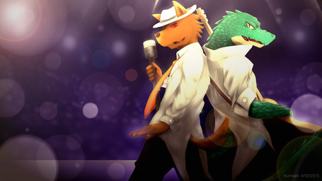 anthro bottomwear clothing duo electric_guitar electronics guitar hat headgear headwear looking_at_viewer male microphone musical_instrument necktie pants playing_guitar playing_music plucked_string_instrument red_eyes shirt string_instrument topwear nurinaki league_of_legends riot_games tencent nasus_(lol) renekton canid canine canis crocodile crocodilian domestic_dog mammal reptile scalie 16:9 2013 widescreen brother_(lore) brothers_(lore) sibling_(lore)