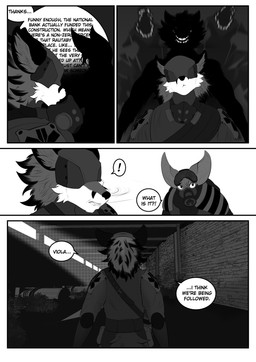 anthro dialogue dialogue_box duo exclamation_point eyewear fullbody_suit gas_mask goggles industrial industrial_architecture inside male mask shadow silhouette silhouetted_body text turning_around viola_bat victor_johansen viola_bat_(character) bat canid canine fox mammal absurd_res comic english_text hi_res monochrome