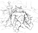 abs anthro balls big_penis blaidd_(elden_ring) canid canine canis darkgem elden_ring feet fromsoftware genitals humanoid_genitalia humanoid_penis male mammal melee_weapon monochrome muscular muscular_anthro muscular_male nipples pecs penis scar sitting sketch solo sword weapon wolf
