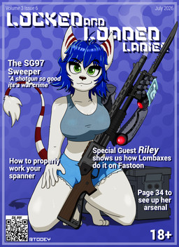 anthro big_breasts big_eyes blue_hair bottomwear breasts clothed clothing denim denim_bottomwear denim_clothing denim_shorts female fictional_magazine_cover fingers fur green_eyes gun hair hand_on_leg hand_on_thigh holding_gun holding_object holding_ranged_weapon holding_weapon humor jeans looking_at_viewer markings metal pants prosthetic prosthetic_arm prosthetic_limb qr_code ranged_weapon robotic_arm shirt shorts shotgun simple_background smile smirk solo striped_markings striped_tail stripes tail tail_markings tank_top text thick_thighs topwear weapon white_body white_fur tooundone helldivers ratchet_and_clank sony_corporation sony_interactive_entertainment lombax mammal cover digital_media_(artwork) english_text hi_res magazine_cover