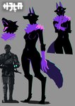 2023 absurd_res alien anthro barefoot black_body black_fur breasts digital_media_(artwork) duo el-k feet female fen_(el-k) fur hi_res human male mammal navel neck_tuft nude open_mouth purple_body purple_fur purple_sclera size_difference tail tuft weapon