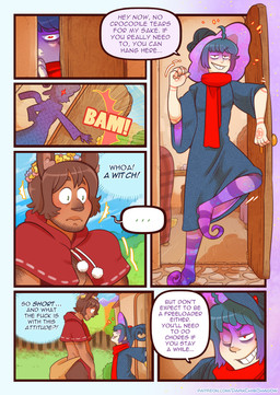 6_panel_comic arm_hair arm_tattoo body_hair brown_body brown_fur brown_hair brown_skin clothing curled_shoes dialogue ellipsis flower flower_crown fur green_hair hair half-closed_eyes hat headgear headwear highlights_(coloring) hood inner_monologue magic_user narrowed_eyes one_eye_closed plant profanity purple_highlights robe scarf smile smirk smug smug_face speech_bubble tan_body tan_skin tattoo text thinking thought_bubble wide_eyed wink wizard_hat darkchibishadow solanaceae battam_(solanaceae) sal_(solanaceae) human humanoid mammal satyr comic english_text url