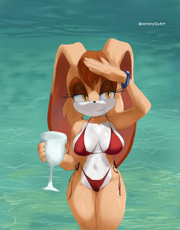 anthro big_breasts bikini bracelet breasts brown_eyes clothing collarbone container cup drinking_glass eyelashes female glass glass_container glass_cup jewelry mature_female navel red_bikini red_clothing red_swimwear seaside side-tie_bikini solo string_bikini swimwear tan_body two-piece_swimsuit white_body wide_hips wine_glass soranygyart sega sonic_the_hedgehog_(series) vanilla_the_rabbit lagomorph leporid mammal rabbit 2026 hi_res