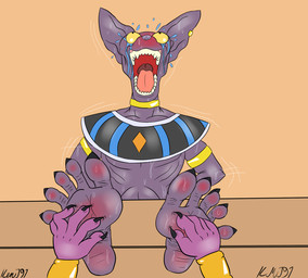 5_fingers 5_toes anthro barefoot blush bodily_fluids claws crying_laughing cuffs_(clothing) duo ear_piercing ear_ring feet finger_claws fingers foot_fetish foot_focus hairless hands_behind_back humanoid_feet laugh male motion_lines open_mouth piercing plantigrade purple_body purple_nose restrained restrained_feet restraints ring_piercing sharp_teeth soles solo_focus stocks sweat tears teeth tickle_fetish tickle_torture tickling tickling_feet toe_claws toes tongue uvula wrinkled_feet wrinkles yellow_sclera kmj91_(artist) dragon_ball dragon_ball_super beerus champa domestic_cat felid feline felis god_of_destruction hairless_cat mammal sphynx_(cat) hi_res brother_(lore) brothers_(lore) sibling_(lore)