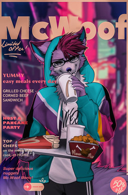 anthro beverage chicken_meat clothed clothing eyewear food food_tray glasses holding_beverage holding_object hood_up hoodie male meat rectangular_glasses solo standing text topwear track_pants angiewolf mcdonald's canid canine mammal 2022 cover english_text magazine_cover