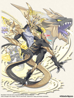 abs ambiguous_gender anthro armor claws floating gesture gold_(metal) gold_armor group hand_gesture hand_on_face horn light_wings long_tail looking_at_viewer male markings multicolored_body open_mouth pointing pointing_at_head purple_tongue sharp_teeth sitting_position tail teeth text tongue trio yellow_eyes unknown_artist cygames dragalia_lost mythology nintendo chronos_(dragalia_lost) chronos_nyx dragon mythological_creature mythological_scalie scalie 3:4