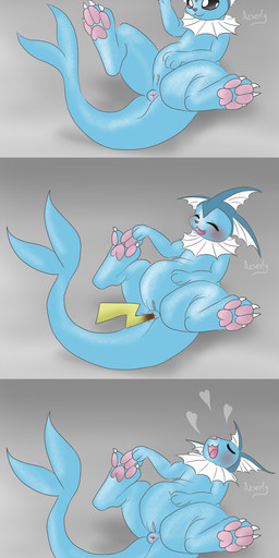 ambiguous_gender ambiguous_prey anal anal_tail_gulp anal_vore anus basic_sequence belly blush duo female female_pred feral genitals linear_sequence looking_pleasured lying on_back orgasm pawpads solo_focus tail three_frame_image three_frame_sequence vore vulva azserfy nintendo pokemon eeveelution generation_1_pokemon pokemon_(species) vaporeon absurd_res comic hi_res sequence