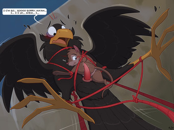 4_toes animal_genitalia anisodactyl anus apologetic apology avian_butt avian_feet bashful bdsm biped bipedal_feral black_body black_feathers blush bondage bound bound_together brown_body brown_fur cloaca cloacal_penis clothed clothed_feral clothing dialogue duo embarrassed erection feathers feet female female_feral feral feral_on_feral floating_eyebrows forced forced_partners fur genitals ma'am male male/female male_feral penis raised_tail restraints rope rope_bondage rope_harness size_difference soles speech_bubble tail tail_anus tail_feathers text toes vulva mcfan don_bluth the_secret_of_nimh jeremy_(nimh) mrs._brisby american_crow avian bird corvid corvus_(genus) crow mammal mouse murid murine oscine passerine rodent wood_mouse alternate_version_at_source digital_media_(artwork) english_text