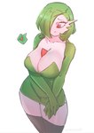 big_breasts biped blush breasts clothed clothing curvy_figure female female_humanoid green_hair hai hair not_furry one_eye_obstructed red_eyes simple_background smile solo standing thick_thighs voluptuous white_body wide_hips spermelf nintendo pokemon gardevoir generation_3_pokemon humanoid pokemon_(species) hi_res