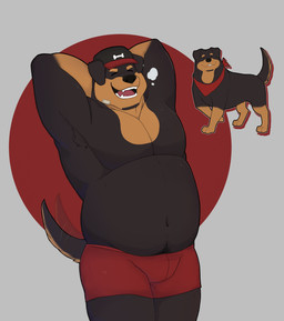 anthro armpit_hair belly black_body black_nose body_hair clothing eyes_closed feral floppy_ears hands_behind_head hat headgear headwear kerchief male markings multiple_forms musclegut muscular navel neckerchief neckwear open_mouth orange_markings overweight pecs simple_background smile solo tail tail_motion tailwag teeth andeandog canid canine canis domestic_dog mammal mastiff molosser rottweiler 2025 absurd_res cel_shading colored digital_drawing_(artwork) digital_media_(artwork) hi_res shaded