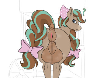 anus balls big_anus big_balls blue_eyes bodily_fluids brown_anus brown_balls brown_body brown_ears brown_fur brown_hair brown_tail clothing feral fur genitals hair huge_balls looking_at_viewer looking_back looking_back_at_viewer male multicolored_hair pink_bow pink_clothing quadruped rear_view solo sweat sweaty_anus sweaty_balls sweaty_genitalia tail teal_hair teal_tail two_tone_hair two_tone_tail gafftopsail wild_manes cocoa_(wild_manes) equid equine horse mammal 2024 hi_res gynomorph_(lore)