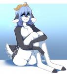 andromorph anthro blue_eyes blue_hair fur genitals grey_body grey_fur hair hooves horn intersex looking_at_viewer pussy smile solo spots white_body white_fur here-kitty-kitty kara_(trippledot) bovid caprine goat mammal digital_media_(artwork) shaded