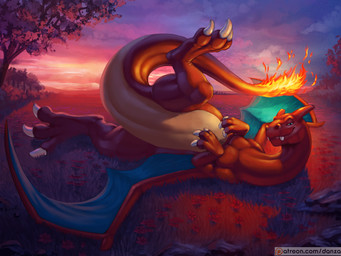 feet feral fire grin hindpaw male patreon_logo paws smile solo spreading sunset tail text wings conditional_dnp danza mythology nintendo patreon pokemon charizard dragon generation_1_pokemon mythological_creature mythological_scalie pokemon_(species) scalie english_text url