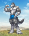 abs anthro athletic barazoku barefoot biceps big_muscles biped black_nose blue_eyes bottomwear bulge claws clothed clothing detailed_background digitigrade feet flexing fur glistening glistening_arms glistening_body glistening_fur glistening_nose grass grassland grey_body grey_fur huge_muscles looking_at_viewer male muscular muscular_anthro muscular_male nipples outside pecs plant pose shorts solo standing tail toe_claws topless vein year braford canid canine canis mammal wolf 2008 dated digital_media_(artwork) digital_painting_(artwork) full-length_portrait pinup portrait shaded signature soft_shading