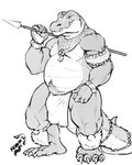 4_toes 5_fingers anthro armband belly belly_scales biceps big_belly bottomwear bracelet bulge claws clothed clothing fangs feet finger_claws fingers front_view hand_on_leg hand_on_thigh holding_melee_weapon holding_object holding_polearm holding_spear holding_weapon jewelry loincloth long_tail male melee_weapon musclegut muscular muscular_anthro muscular_male navel overweight overweight_anthro overweight_male partially_clothed pecs plantigrade polearm quads scales sharp_teeth simple_background snout solo spear spiked_tail spikes spikes_(anatomy) standing tail teeth thick_thighs toe_claws toes weapon weapon_on_shoulder white_background wide_hips nommz altaz alligator alligatorid crocodilian reptile scalie 2015 4:5 digital_media_(artwork) full-length_portrait greyscale hi_res monochrome portrait signature