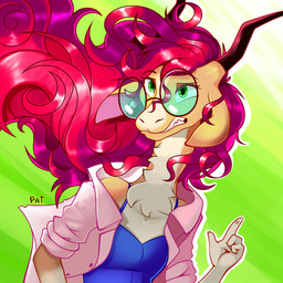 anthro curly_hair eyewear female glasses green_eyes grimace hair horn long_hair long_neck neck_tuft red_hair solo tuft la_tiapat ilana_(pretty_patsusan) antelope bovid mammal 1:1 2022 hi_res