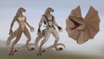 anthro bottomwear claws clothing furgonomic_bottomwear furgonomics male open_mouth sickle_claw solo teeth toe_claws alvanarry dinosaur dromaeosaurid prehistoric_species reptile scalie theropod hi_res model_sheet