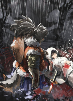 anthro asian_clothing asian_conical_hat blood blood_from_mouth blood_in_mouth bodily_fluids clothing corpse death duo east_asian_clothing female fur grey_body grey_fur hair hat headgear headwear japanese_clothing katana kimono male melee_weapon ponytail raining samurai sword warrior weapon fenrir_shino lifewonders tokyo_afterschool_summoners shino_(tas) canid canine canis domestic_dog human mammal hi_res