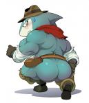 anthro back_muscles belt biceps blush bodily_fluids butt clothing eye_scar facial_scar glistening hat headgear headwear looking_back male muscular muscular_anthro muscular_male scar scarf solo sweat analon_(artist) level-5 yo-kai_watch indiana_jaws_(yo-kai_watch) fish marine shark hi_res