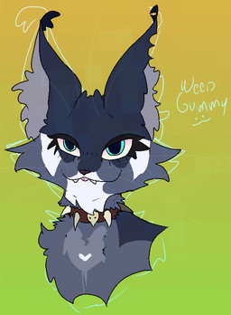 ambiguous_gender big_pupils blep blue_eyes bone collar dilated_pupils drugs eyelashes feral gradient_background heart_(marking) marijuana markings notched_ear pupils simple_background skull_accessory solo stoned substance_intoxication text tongue tongue_out torn_ear whiskers white_markings snuffkitt3n warriors_(book_series) scourge_(warriors) domestic_cat felid feline felis mammal 2026 guide_lines handwritten_text