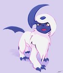 3_toes absol ambiguous_gender black_nose claws feet feral full-length_portrait fur generation_3_pokemon half-closed_eyes likey narrowed_eyes nintendo open_mouth pokemon pokemon_(species) portrait pupils purple_background red_eyes shadow signature simple_background solo toes white_body white_fur white_pupils