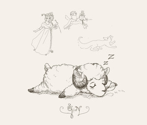 accessory anthro clothing ears_up eyebrows eyes_closed female fur group hat headgear headwear hooves horn lying lying_on_ground male melee_weapon necktie on_front on_ground raised_tail scut_tail sheep_tail short_tail sleeping sword tail text top_hat weapon wool_(fur) reynard_goodfellow reynard_the_baa bovid caprine human mammal sheep