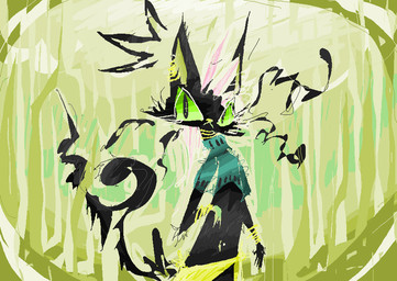 :< ambiguous_gender anthro black_body black_fur black_tail detailed_background fur green_sclera plant solo tail tree naircat domestic_cat felid feline felis mammal 2017 digital_drawing_(artwork) digital_media_(artwork) microsoft_paint_(artwork)