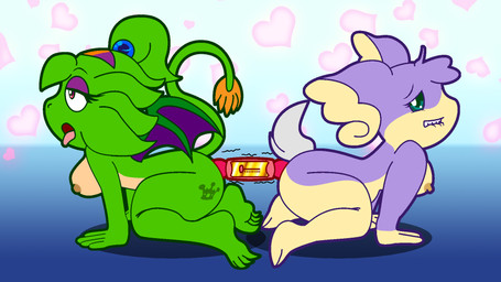 accessory all_fours anal anal_penetration anthro ass_to_ass bangs bedroom_eyes big_butt big_ears birthmark bite biting_lip blue_background butt claws clothing curled_tail dildo double_dildo duo erect_nipples eyeshadow feathers female female/female fluffy_ears fur gradient_background green_body hair headband heart_bubble heart_symbol highlights_(coloring) kneeling long_tail looking_pleasured magenta_eyes makeup markings moan multicolored_body narrowed_eyes nipples nude object_in_ass orange_highlights penetration ponytail purple_body purple_clothing purple_eyeshadow purple_fur purple_shirt purple_topwear scut_tail seductive sex_toy sex_toy_in_ass sex_toy_insertion sharing_double_dildo sharing_sex_toy shirt short_tail side_view simple_background snout spread_wings tail tan_body tan_fur tan_skin teal_eyes thick_thighs toe_claws tongue tongue_out topwear two_tone_body vibrator vibrator_in_ass wings spdy4 mythology nintendo pokemon arrow_(spdy4) arrow_the_dragon arrow_xiang_long maurice_(wotter16) audino couatl dragon eastern_dragon feathered_scalie feathered_snake generation_5_pokemon hybrid mythological_creature mythological_scalie pokemon_(species) reptile scalie snake 16:9 2018 colored_line_art flat_colors hi_res widescreen