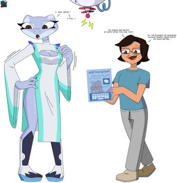 3_fingers anthro bald bell_sleeves body_swap boots bottomwear breasts brown_eyes butt cleavage_cutout clothed clothing curvy_figure cutout device dialogue dress duo eyelashes eyewear facial_hair female fingers footwear glasses grey_body hair hand_on_hip high_heeled_boots high_heels hologram holographic_display holographic_screen long_eyelashes male mature_female mustache pants scientist shirt shocked shoes short_hair side_leg_cutout simple_background smile sweatpants text topwear username wide_hips dezzy_draws alien amphibian frog human mammal 2024 absurd_res digital_media_(artwork) english_text hi_res