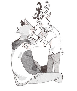anthro antlers belly belt_buckle big_belly bottomwear buckle clothing comforting_another duo eyes_closed facial_scar fur hands_on_shoulders horn jacket looking_up male male/male notched_ear pants predator/prey pregnant pregnant_male scar shirt sitting standing topwear viat_on beastars legoshi_(beastars) louis_(beastars) canid canine canis mammal wolf 2024