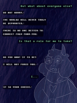 2_horns abstract_background ambiguous_gender anthro biped blue_background clothed clothed_anthro clothing cute_fangs dialogue ellipsis eyewear fangs glasses head_tuft horn offscreen_character question_mark scarf simple_background solo speech_bubble talking_to_another teeth text tuft wearing_glasses cranky2306 deltarune undertale_(series) ralsei bovid caprine darkner goat mammal 2025 3:4 absurd_res comic english_text hi_res