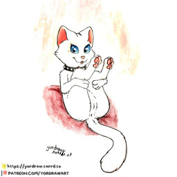 3_toes anus blue_eyes butt collar feet female feral foot_fetish genitals leg_grab legs_up looking_at_viewer lying on_back open_mouth patreon_logo patreon_username pawpads paws pink_nose pink_paws presenting presenting_hindquarters presenting_vulva smile smiling_at_viewer solo text toes tongue vulva yordraw patreon pussycat_tiger domestic_cat felid feline felis mammal 1:1 hi_res painting_(artwork) traditional_media_(artwork) traditional_painting_(artwork) url