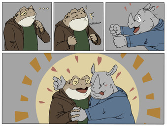 anthro blush duo eyes_closed grey_body hug male male/male open_mouth slightly_chubby taxonite amphibian frog mammal rhinoceros toad_(frog) 2026 comic hi_res