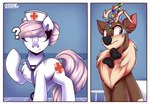 2_panel_comic antlers blush bow_tie broken_antler christmas_lights clothing cutie_mark female feral hair hair_bun hat headgear headwear heart_symbol horn male medical_instrument nurse nurse_clothing nurse_hat nurse_headwear pink_hair question_mark scientific_instrument stethoscope two_panel_image shadowreindeer friendship_is_magic hasbro my_little_pony fan_character kevin_reindeer nurse_redheart_(mlp) deer equid equine horse mammal new_world_deer pony reindeer comic hi_res