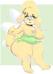 anthro big_breasts breasts clothed clothing female genitals no_underwear pussy skimpy solo thick_thighs yellow_body riderx animal_crossing disney nintendo peter_pan isabelle_(animal_crossing) tinker_bell_(disney) tinker_belle canid canine canis domestic_dog mammal