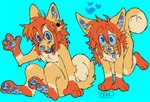 ambiguous_gender anthro blue_background blue_tongue fur heart_symbol open_mouth open_smile orange_body orange_fur simple_background sitting smile solo tan_body tan_fur tongue tongue_out shonencore canid canine mammal