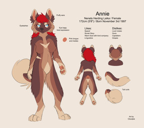 annoyed anthro black_nose black_text blue_eyes breasts brown_body brown_fur chevron_(marking) curled_tail digitigrade featureless_breasts featureless_crotch female fur hair long_hair markings nude pawpads paws pink_inner_ear pink_pawpads red_hair resting_bitch_face solo standing tail tan_body tan_fur text cloudpie conditional_dnp canid canine canis domestic_dog laika mammal nenets_herding_laika spitz 2026 absurd_res character_name digital_drawing_(artwork) digital_media_(artwork) english_text flat_colors hi_res krita_(artwork) model_sheet
