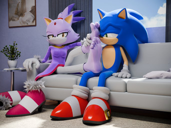 5_toes anthro barefoot blue_body clothed clothing duo feet female male purple_body shoes_removed soles toes feetymcfoot sega sonic_the_hedgehog_(series) blaze_the_cat sonic_the_hedgehog domestic_cat eulipotyphlan felid feline felis hedgehog mammal 3d_(artwork) absurd_res digital_media_(artwork) hi_res