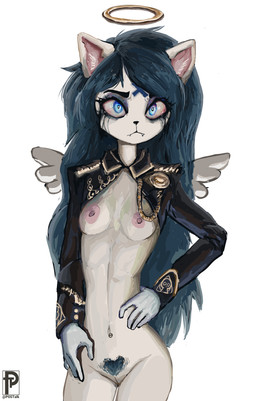 anthro areola biped black_nose blue_eyes blue_hair bottomless breasts clothed clothing eyebrows eyelashes fangs female fur genitals gloves grey_body grey_fur hair hand_on_hip handwear heart_pubes innie_vulva long_hair long_sleeves makeup mascara mostly_nude navel navel_piercing nipples piercing pubes running_makeup running_mascara simple_background slim slim_anthro slim_female small_breasts small_waist solo standing stylized_pubes teeth vulva white_background wing_accessory postalk cartoon_hangover the_summoning claire_(the_summoning) domestic_cat felid feline felis mammal 2024 absurd_res digital_drawing_(artwork) digital_media_(artwork) hi_res portrait signature three-quarter_portrait