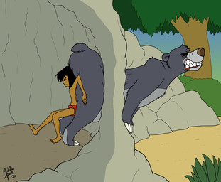 anthro bottom_heavy bottomwear butt_stuck clenched_teeth clothed clothing duo eyes_closed loincloth loincloth_only male pear-shaped_figure pushing stuck teeth topless wide_hips young young_human young_male toonskribblez disney the_jungle_book baloo mowgli bear human mammal sloth_bear ursine absurd_res digital_media_(artwork) hi_res