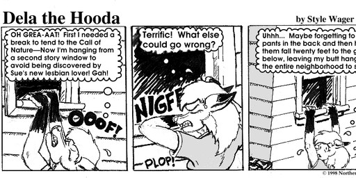 anthro clenched_teeth clothed clothed_female clothing dialogue dipstick_ears ear_markings ears_back female fur gloves_(marking) hair markings multicolored_ears pivoted_ears solo teeth text style_wager dela_the_hooda dela_aldershaw canid canine fox hooda mammal 1998 comic english_text greyscale monochrome