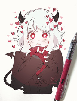 5_fingers clothing female fingers hair heart_eyes heart_symbol looking_at_viewer not_furry open_mouth pen red_eyes short_hair simple_background solo spade_tail suit sweater tail topwear turtleneck white_background white_body white_hair white_skin sofra helltaker modeus_(helltaker) demon demon_humanoid humanoid half-length_portrait hi_res portrait signature