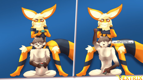 anthro controller dialogue duo female game_controller gaming horn male male/female nude ruff text vextrix nintendo pokemon arc_vap stargard arcanine bovid caprine eeveelution generation_1_pokemon goat hybrid mammal pokemon_(species) sheep vaporeon comic english_text hi_res signature