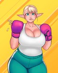 big_breasts blonde_hair bottomwear boxing_gloves breasts cleavage clothed clothing eating eating_food eyelashes female food fries front_view green_bottomwear green_clothing green_eyes green_pants hair handwear holding_food holding_object huge_breasts humanoid_pointy_ears looking_at_viewer pants pointy_ears short_hair simple_background solo tan_body tan_skin thick_thighs topwear white_clothing white_topwear wide_hips yellow_background imaginaricide plus-sized_elf elfuda_(plus-sized_elf) elf humanoid absurd_res hi_res