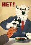 alcohol anthro beverage carrot claws clothing cutlery duo eyewear food fork fruit glass glasses green_body green_skin kitchen_utensils legume male meat neck_tuft necktie pawpads pea_(food) plant plate poster poster_template refusal russian shirt soviet_union suit text tools topwear tuft vegetable tazara "no!"_poster nanuq bear felid mammal pantherine polar_bear tiger ursine ursus_citrus absurd_res hi_res lol_comments reaction_image russian_text